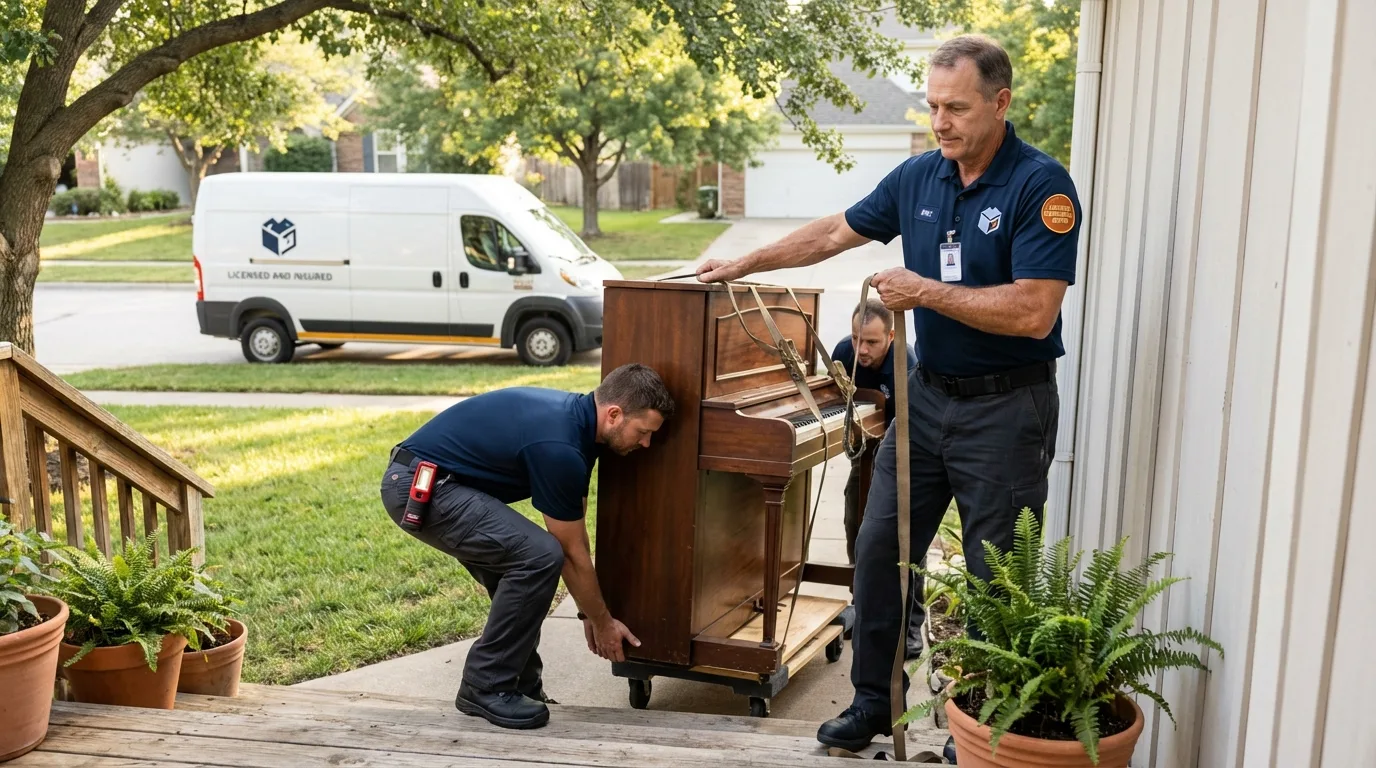 Licensed piano movers securing grand piano in Laurinburg, NC