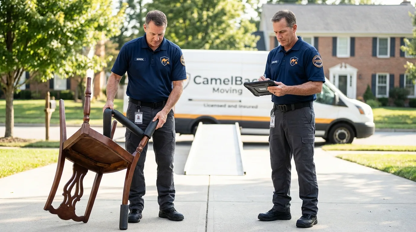 Movers inspecting furniture for damage prevention before loading in Laurinburg, NC