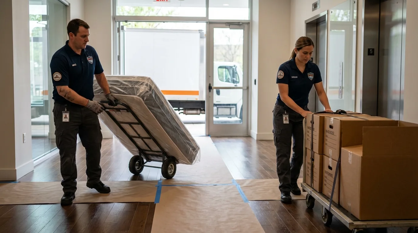 Professional apartment movers loading elevator in Laurinburg, NC