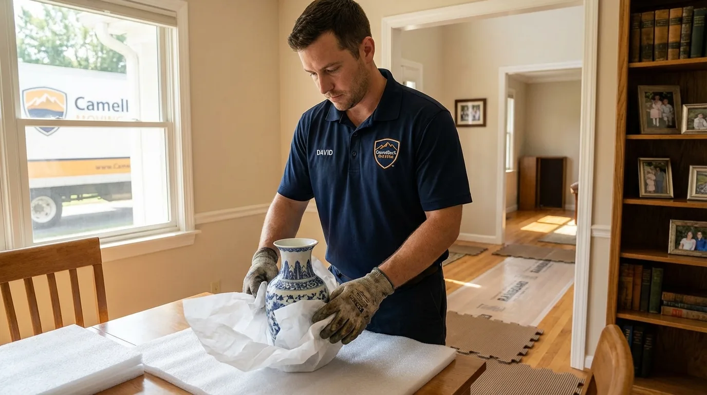 Professional crew carefully wrapping antique vase for senior downsizing move in Laurinburg, NC